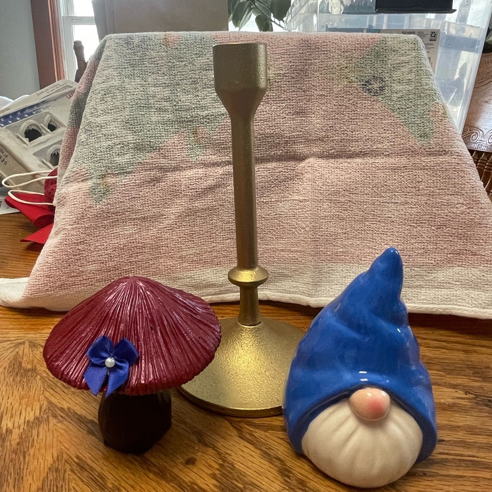 Gold Candle Holder and Blue Gnome Set